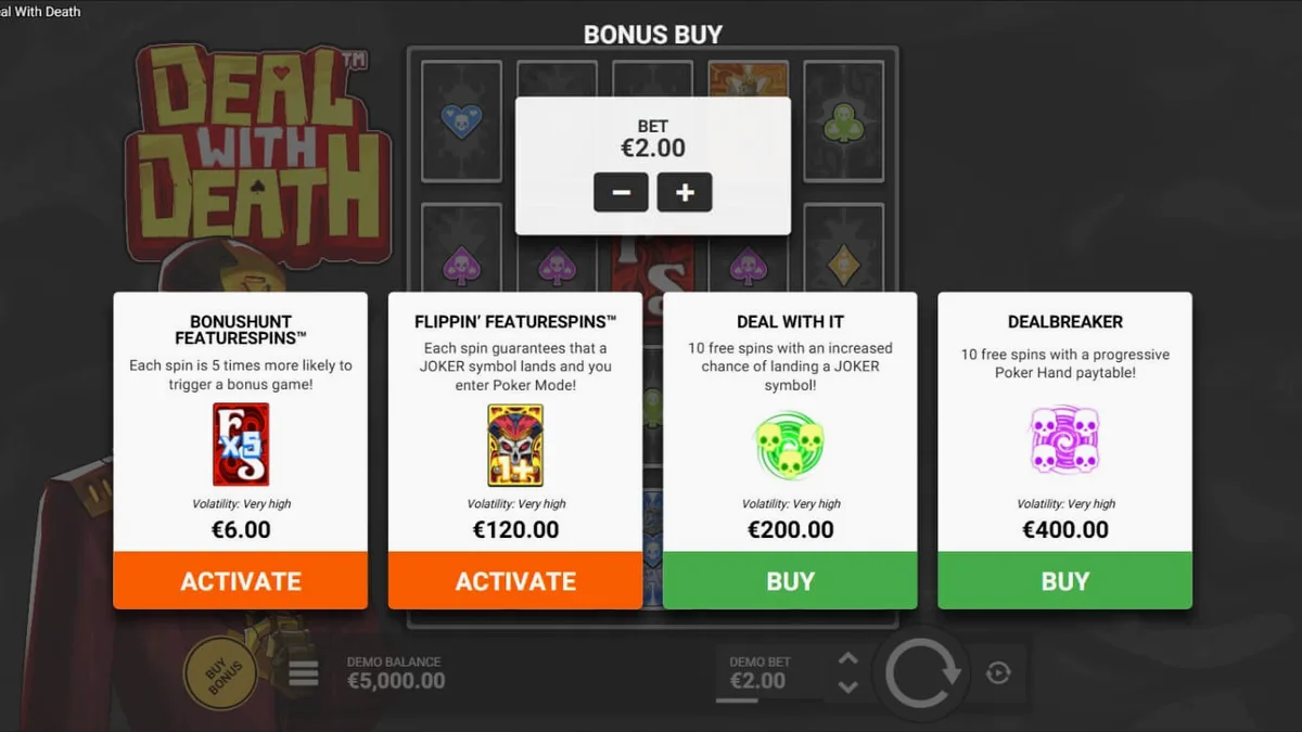 Isang futuristic na slot machine na may temang skeletal croupier at card suits.